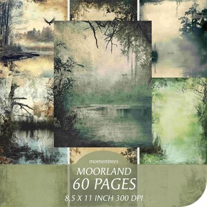 Könnte beinhalten: Ein digitales Papierpaket mit 60 Seiten mit nebeligen Waldszenen. Das Paket ist 8,5 x 11 Zoll groß und hat 300 DPI. Der Text "Moorland 60 Pages" befindet sich in der Mitte des Bildes.