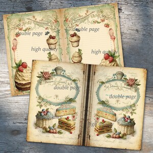 K&ouml;nnte beinhalten: Vintage-Style druckbare Journal-Seiten mit einem doppelseitigen Layout. Die Seiten haben einen hellbraunen Hintergrund mit floralen Designs und Illustrationen von Kuchen und Geb&auml;ck. Der Text "Doppelte Seite" und "Hohe Qualit&auml;t" ist auf den Seiten gedruckt.