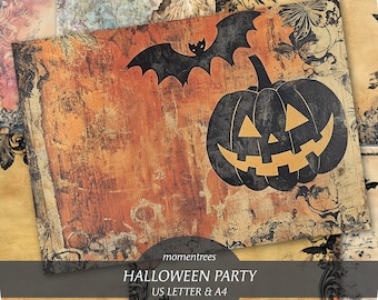 May include: A digital paper pack with eight double-sided pages featuring a Halloween theme. The pages have a distressed, vintage look with images of a pumpkin, bat, and other spooky elements. The text "Halloween Party" is written in black on a white background. The text "US Letter & A4" and "8 double pages" is written in black on a white background.