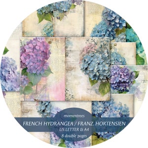 französische Hortensien, magische Junk Journal Vorlagen mit Schreibschrift, Noten, Blumen digitale Ephemera und Zubehör Scrapbooking Karten Kunst