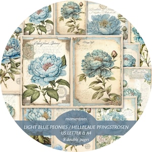 Peonías azul claro, diario basura, peonía azul claro vintage, flores de papel imprimibles diario basura, flores digitales, kit de rosas