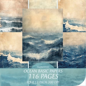Scrapbooking, páginas de fondo del océano, papeles antiguos con mar, olas del mar, mar agitado, paquete grande, descarga digital de diario basura