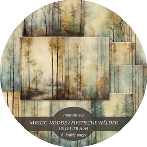 May include: A collage of eight double-sided paper sheets featuring watercolor paintings of misty forests. The paper is designed for use with US Letter and A4 sized paper. The text "momentrees MYSTIC WOODS / MYSTISCHE WÄLDER US LETTER & A4 8 double pages" is printed on the bottom of the collage.