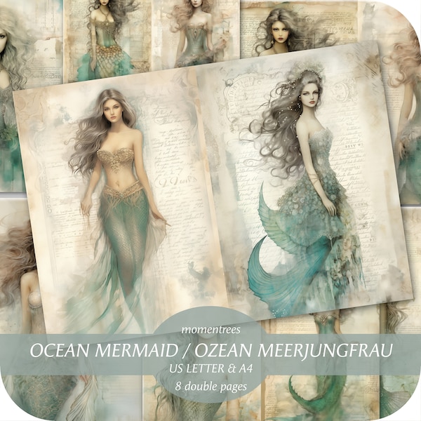 ocean mermaid digital papers to download vintage stationery journal kit scrapbooking Ephemera journal kits and scrapbook paper supplies