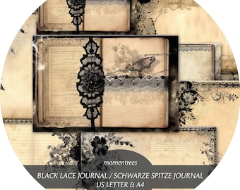 Schwarze Spitze Journal digitale Vintage Papiere alte Buchseiten scrapbooking ephemera Journal Kits basic Seite
