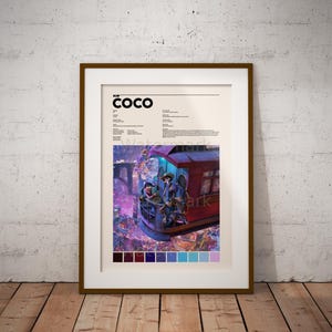 May include: A framed poster with a colorful illustration of two characters from the movie "Coco" riding in a gondola. The poster includes the title "Coco" and a color palette of the movie's colors.