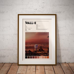 May include: A framed poster with a minimalist design featuring the title "WALL-E" in bold black text. The poster includes a scene from the movie with a robot character in the foreground and a cityscape in the background. A color palette of 12 shades of brown is displayed at the bottom of the poster.