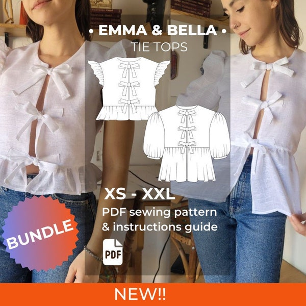 BUNDLE of TIE TOPS Sewing Pattern | Puffed Sleeve & Ruffle Sleeve | Beginner Friendly | Tie front blouse | Bow Front Top| A4-A0-Letter