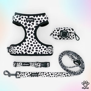 Dog Harness Set MyPet | Adjustable Harness, Collar, Leash, Poop Bag Holder Bundle | Dalmatian Walking Set | Spotted Black White Print