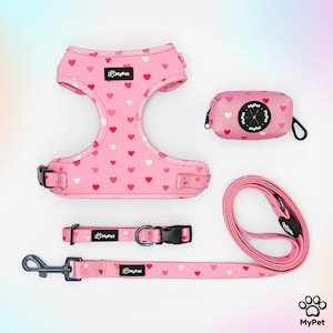 Dog Harness Set MyPet | Adjustable Harness, Collar, Leash, Poop Bag Holder Bundle | Sweetheart Walking Set | Pink Hearts Print | Puppy Gift