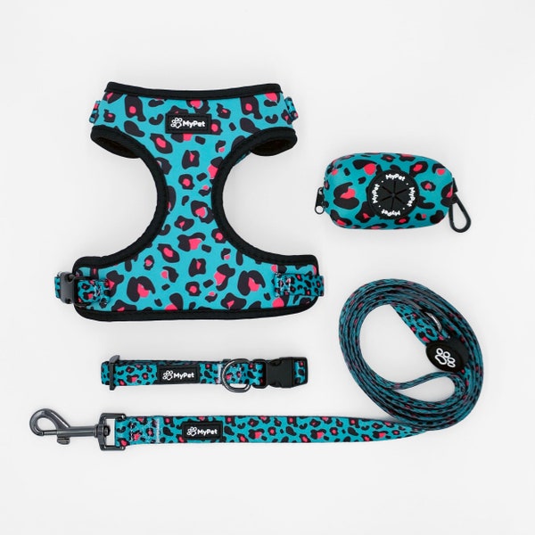 Dog Harness Set MyPet | Adjustable Harness, Collar, Leash, Poop Bag Holder Bundle | Teal Leopard Walking Set | Blue Pink Animal Print