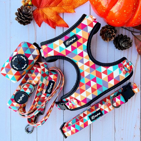 Dog Harness Set MyPet | Adjustable Harness, Collar, Leash, Poop Bag Holder Bundle | Harlequin Walking Set | Geometric Colourful Vest Harness