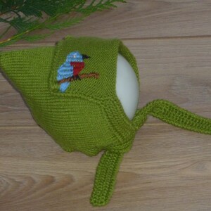 May include: A knitted green baby bonnet featuring an embroidered blue and red bird on a branch. The bonnet has long ties and is displayed on a white egg-shaped form. The background is a light wood surface.