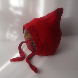 Knitted Baby Hat With Tie Up Straps, Red Baby Knit Hat, Knit, Crochet Pixie Bonnet, Winter, Toddler, Kids, Baby Welcome, Baby Shower Gift,