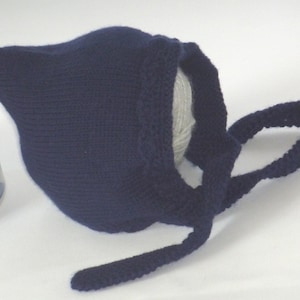 Hand Knit Baby Bonnet - Navy Blue Newborn Hat with Ties