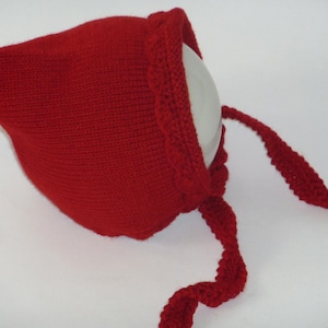 Red Knitted Baby Hat, Acrylic Pixie Bonnet with Tie Straps