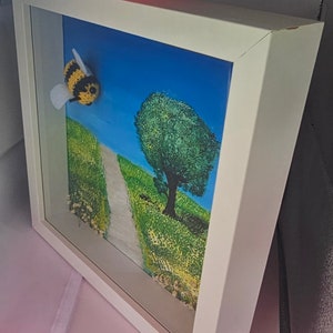 hand-painted picture with knitted bee, acrylic picture, nature