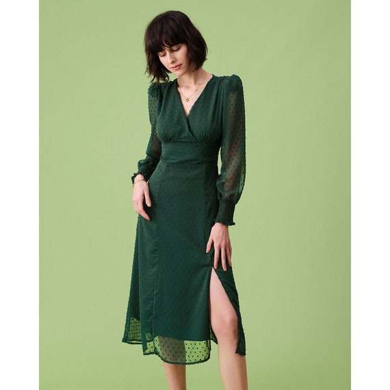 Women Green V Neck Jacquard Sheer Sleeve Midi Dress - Etsy