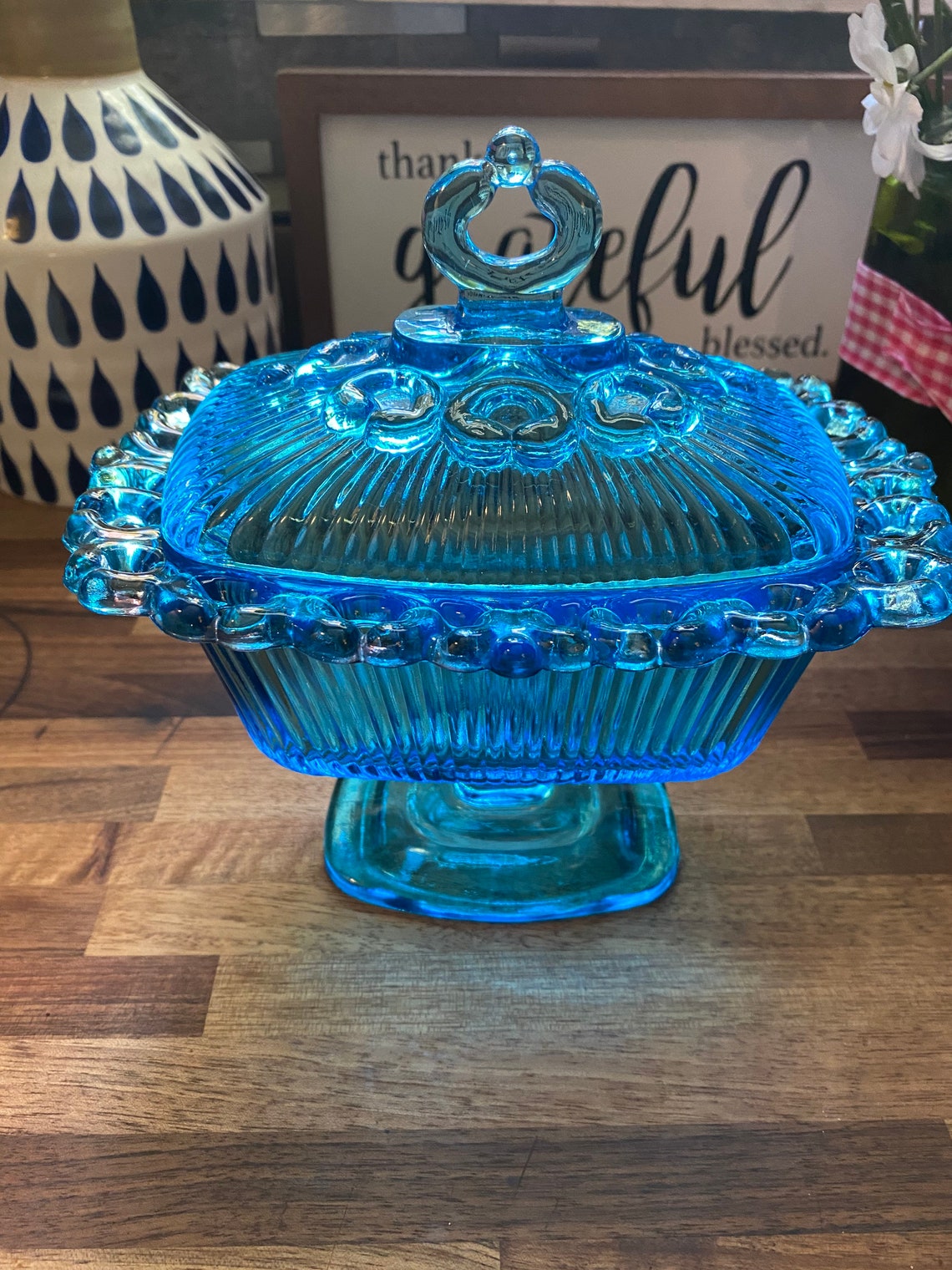 Blue Depression Glass Candy Dish