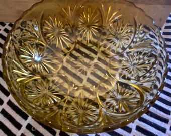Light golden yellow vintage ornate glass bowl
