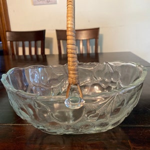 Vintage glass embossed fruit bowl cherries, pears, peaches, bamboo straw wrapped handle.