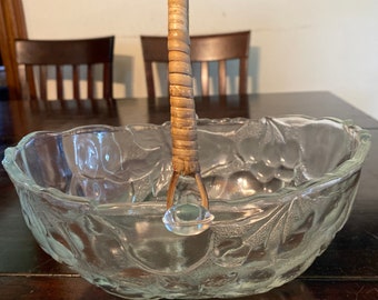 Vintage glass embossed fruit bowl cherries, pears, peaches, bamboo straw wrapped handle.