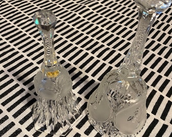 Glass crystal etched embossed bells qty 2, collectible vintage glass bells.