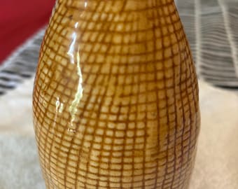 Textured Glazed Bud Vase, Yellow Checkered Pattern, Brown Base