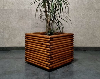Modern indoor wooden planter, Terrace flowerpot in minimal design 3D, wooden pot for outdoor or indoor, industrial style flower pot