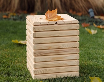 Outdoor storage box with seat, wooden box for garden equipment, solid wood deck box