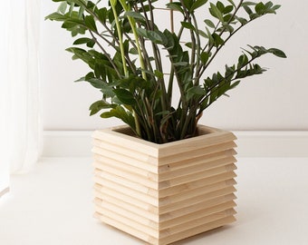 Natural indoor wooden planter, Terrace flowerpot in minimal design 3D, wooden pot for outdoor or indoor, boho patio flower pot