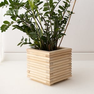 Natural indoor wooden planter, Terrace flowerpot in minimal design 3D, wooden pot for outdoor or indoor, boho patio flower pot