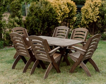 Farmhouse furniture set for garden, Rustic table with chairs for outdoor, Wooden outdoor furniture