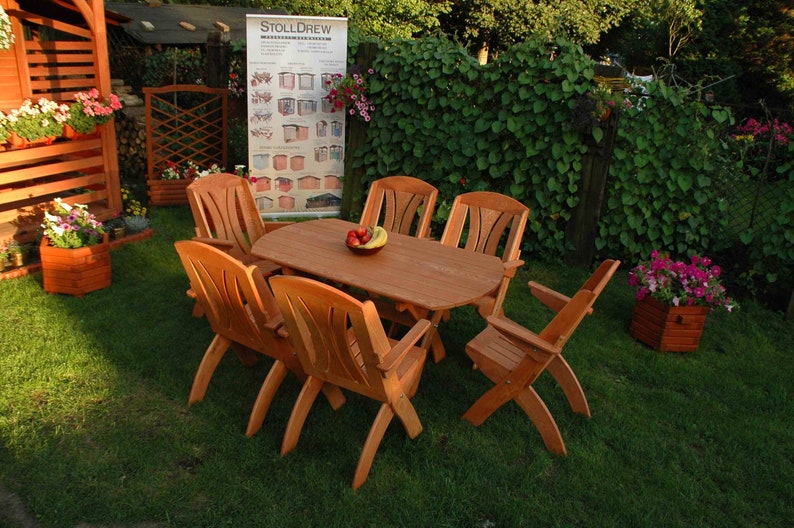 Bauernhausmöbel für den Garten, Rustikaler Tisch mit Stühlen für den Außenbereich, Gartenmöbel aus Holz Bild 4