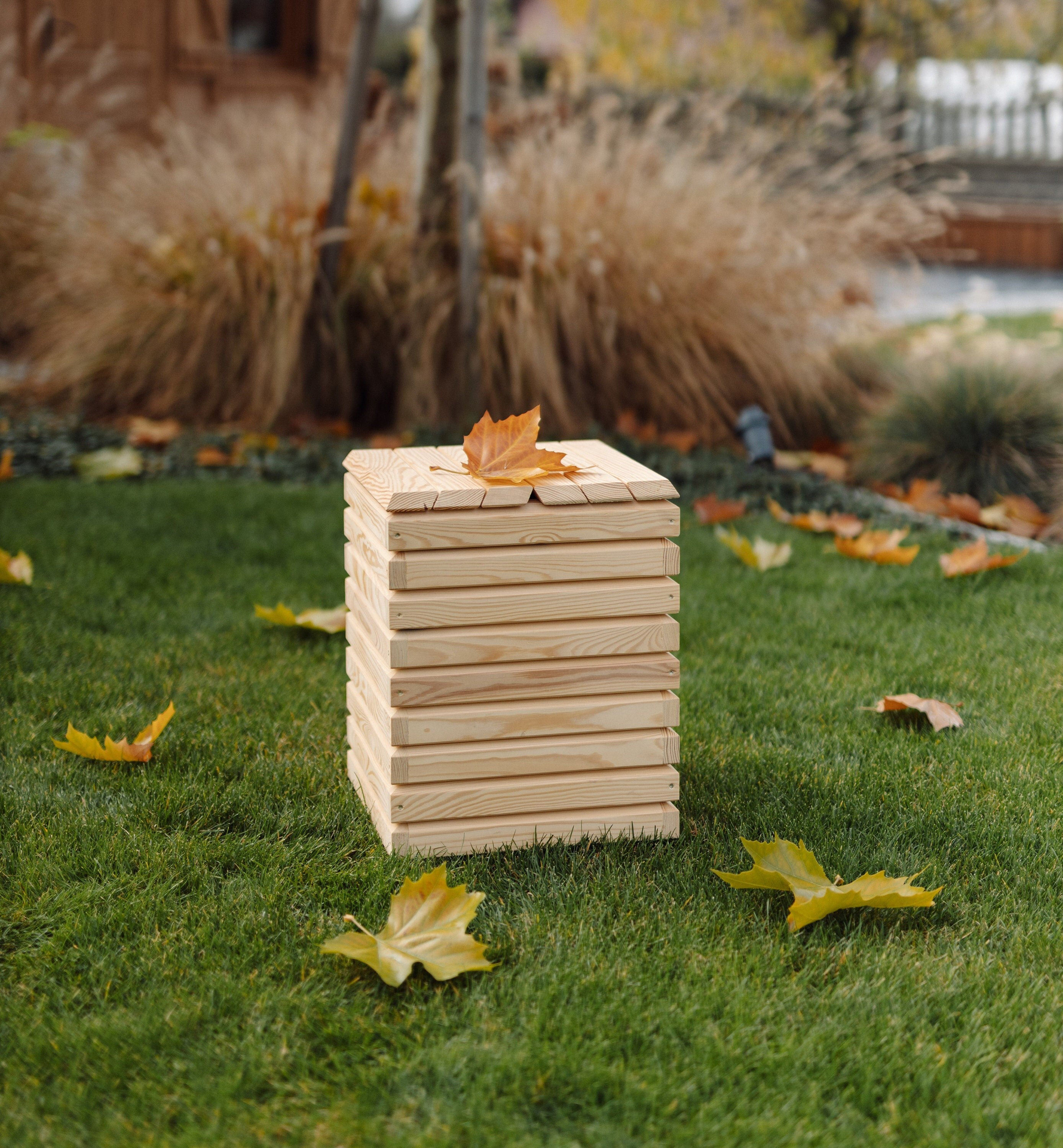 Outdoor storage box with seat, wooden box for garden equipment, solid wood deck box