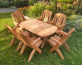 Farmhouse furniture set for garden, Rustic table with chairs for outdoor, Wooden outdoor furniture