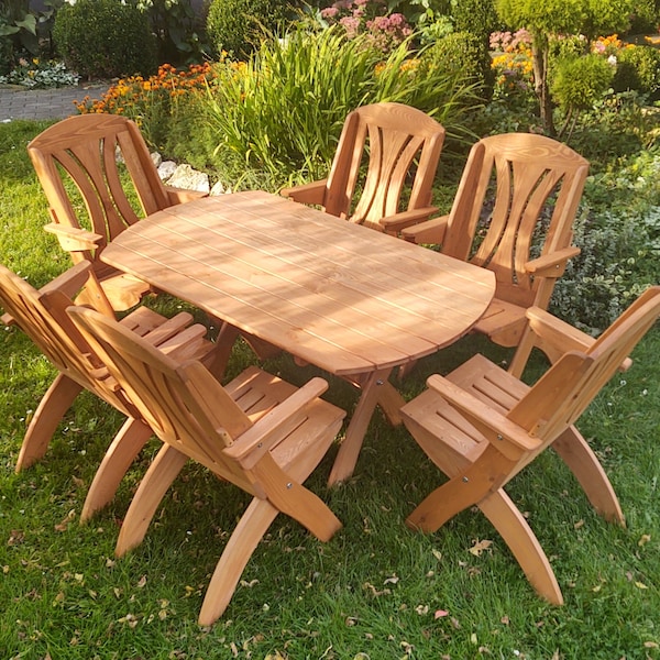 Bauernhausmöbel für den Garten, Rustikaler Tisch mit Stühlen für den Außenbereich, Gartenmöbel aus Holz