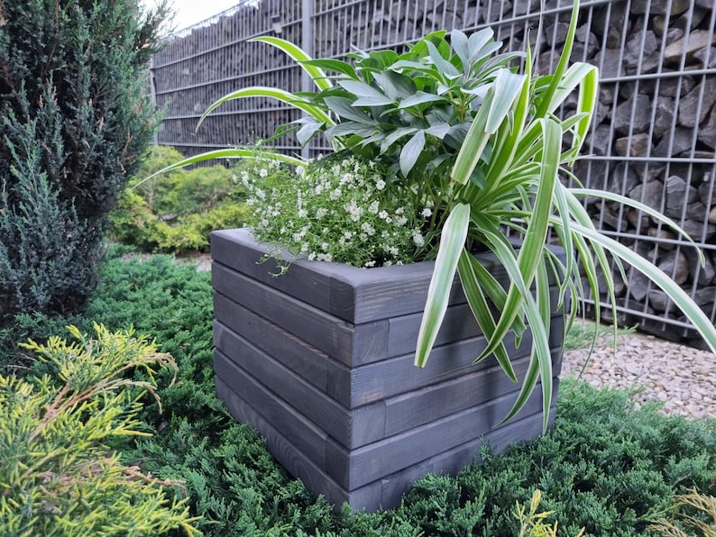 May include: A dark gray wooden planter box with a variety of green plants growing inside. The planter is made of wood planks and has a rustic look.