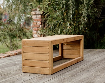 Wooden bench for garden, Outdoor furniture in bohemian style, Farmhouse patio bench