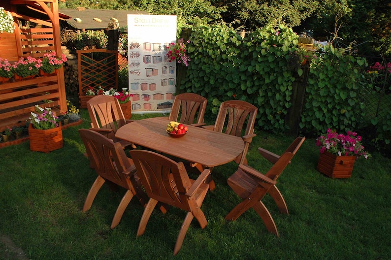 Bauernhausmöbel für den Garten, Rustikaler Tisch mit Stühlen für den Außenbereich, Gartenmöbel aus Holz Dark walnut