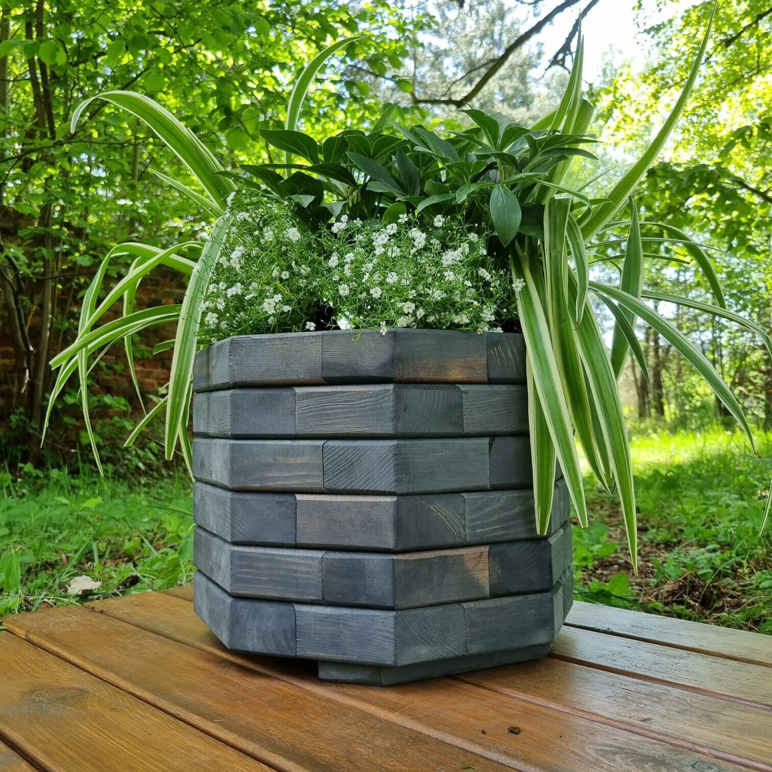 Octagonal Planter for Flowers, Wooden Pot for Outdoor, Rustic Plant Pot ...
