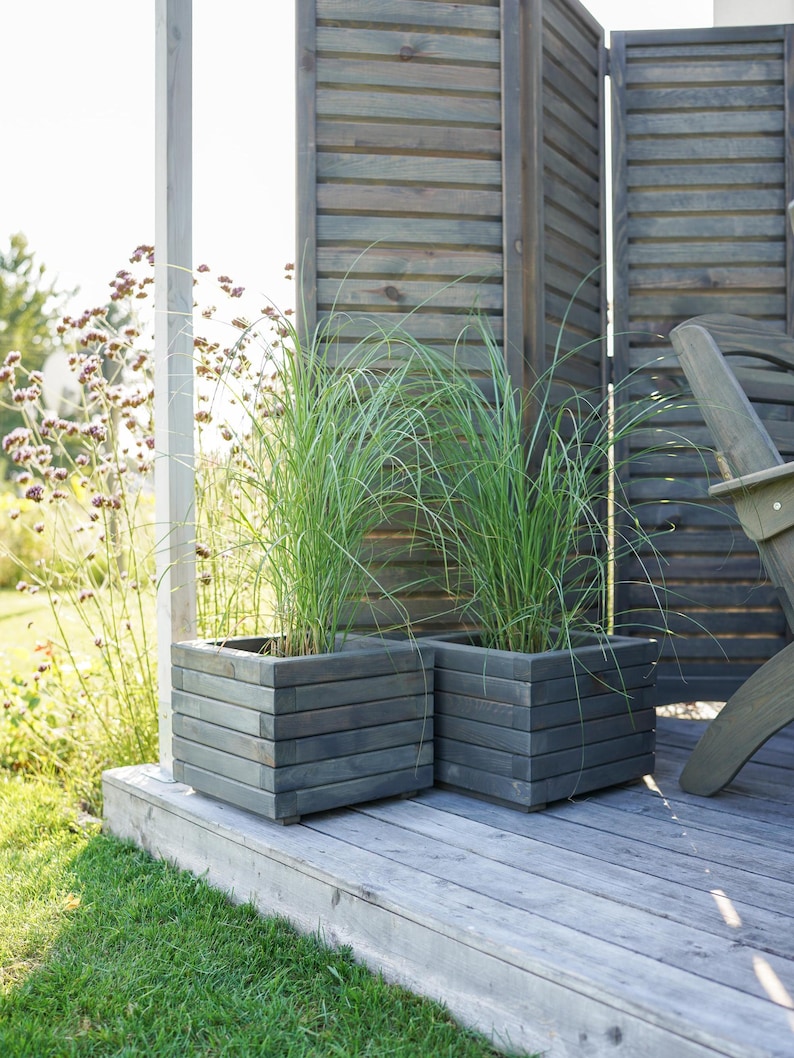 Square planter for flowers, Wooden pot for outdoor, Natural flower display, bohemian home planter image 2