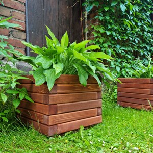 May include: Two wooden planter boxes with a dark brown stain. The planter boxes are filled with green plants and are sitting on a bed of green grass.