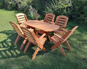 Comfortable outdoor furniture set, Table with chairs for the garden and terrace, Wooden seating with table