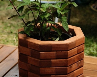 Octagonal flower pot for balcony, Highest quality wood planter, Natural bohemian pot for home