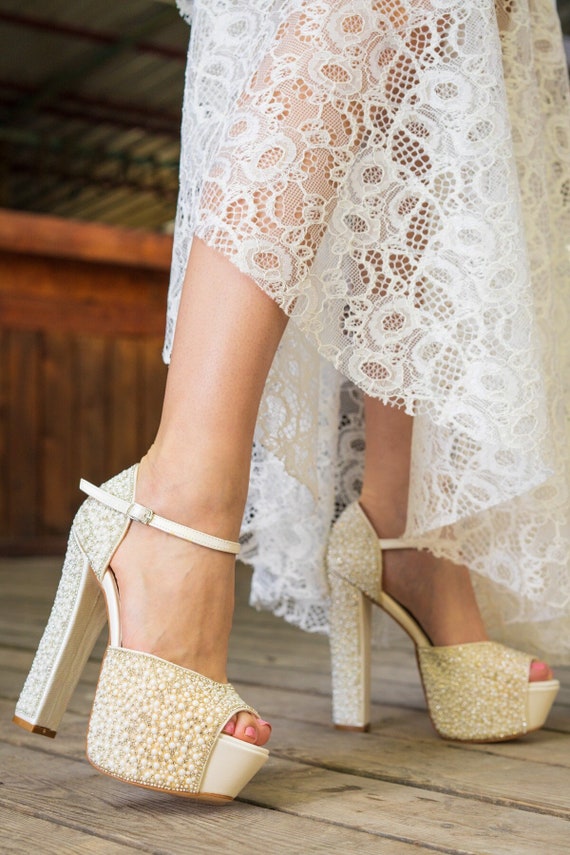 Wedding Dress Shoes Pearl Design Thick Heel Platform 