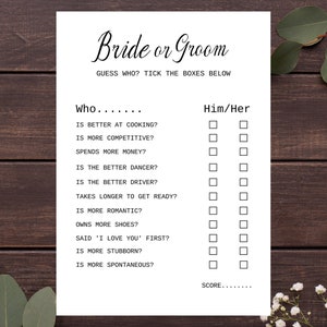 Wedding Party Game Template, Bride or Groom game , Digital Download Template, Personalise and Print