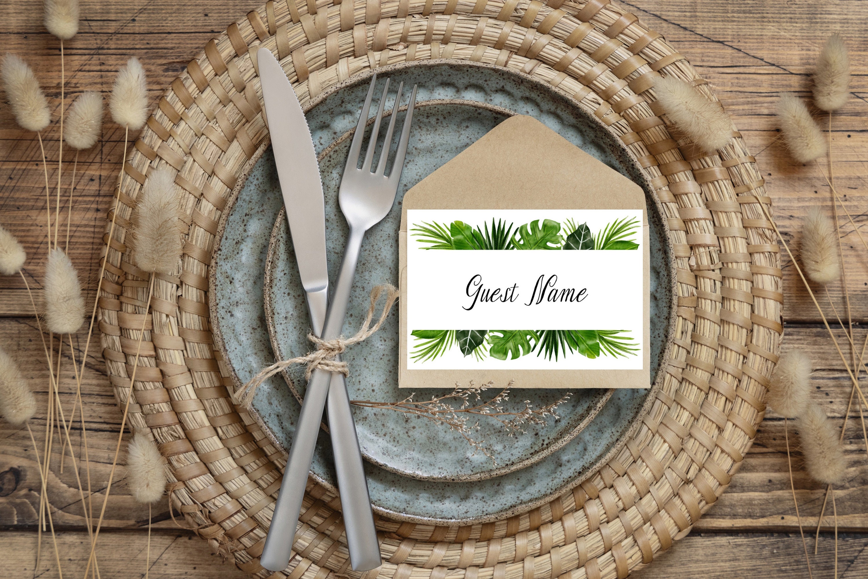 Wedding Table Guest Name Card Template Green Tropical Wedding Etsy