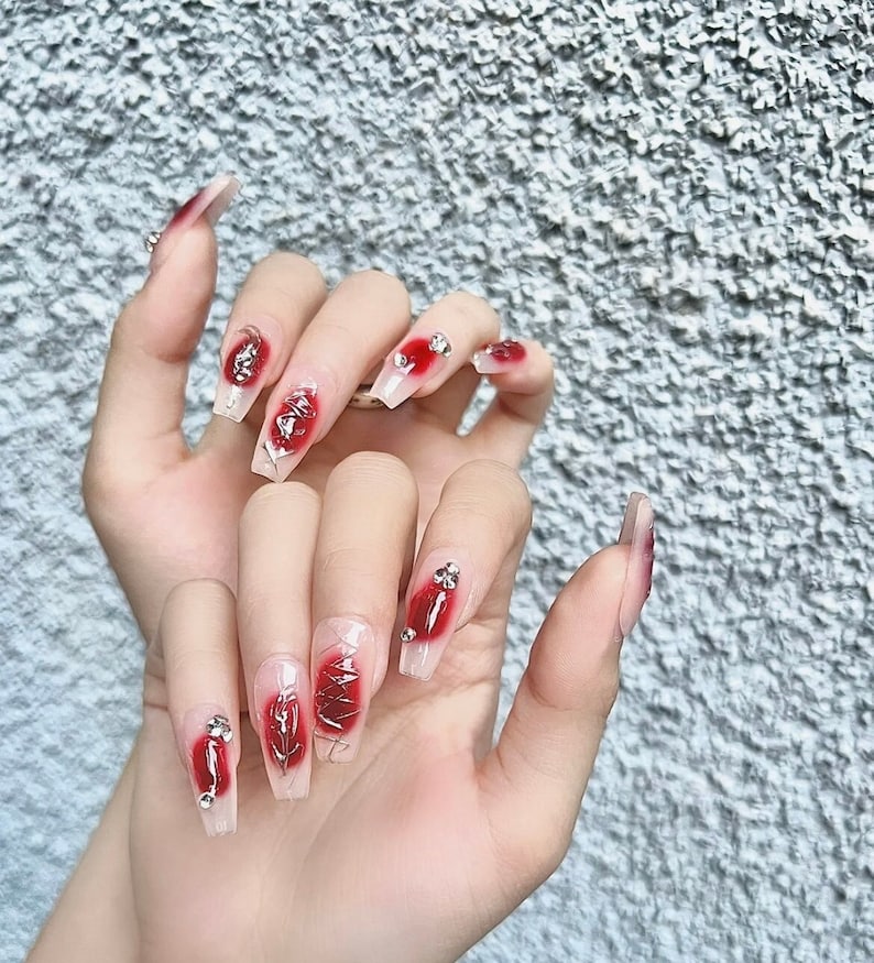 Cherry Red Gold Chrome Aura Nails Y2k Chrome Ombre Press on - Etsy