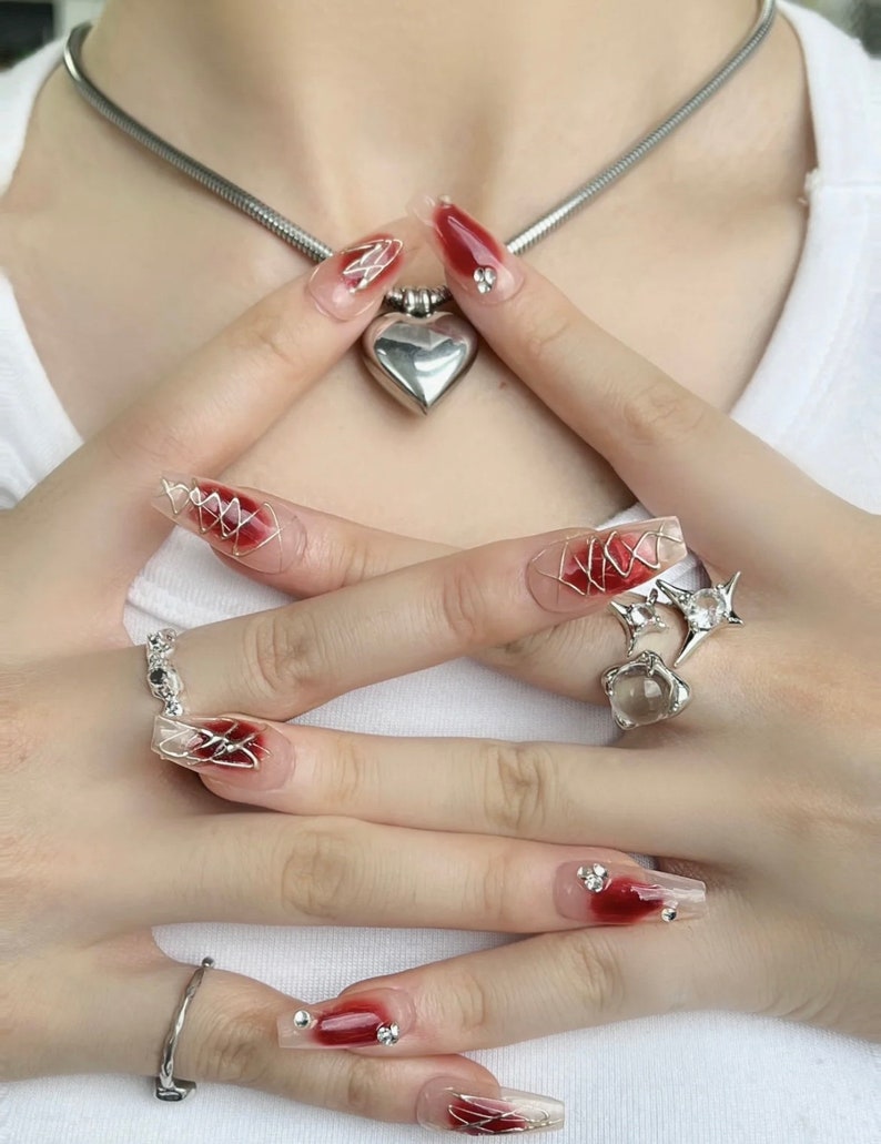 Cherry Red Chrome Aura Nails Y2k Chrome Ombre Press on Nail - Etsy
